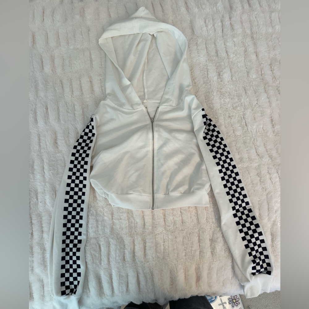 Zaful White Checkered Sleeve Hoodie Size S